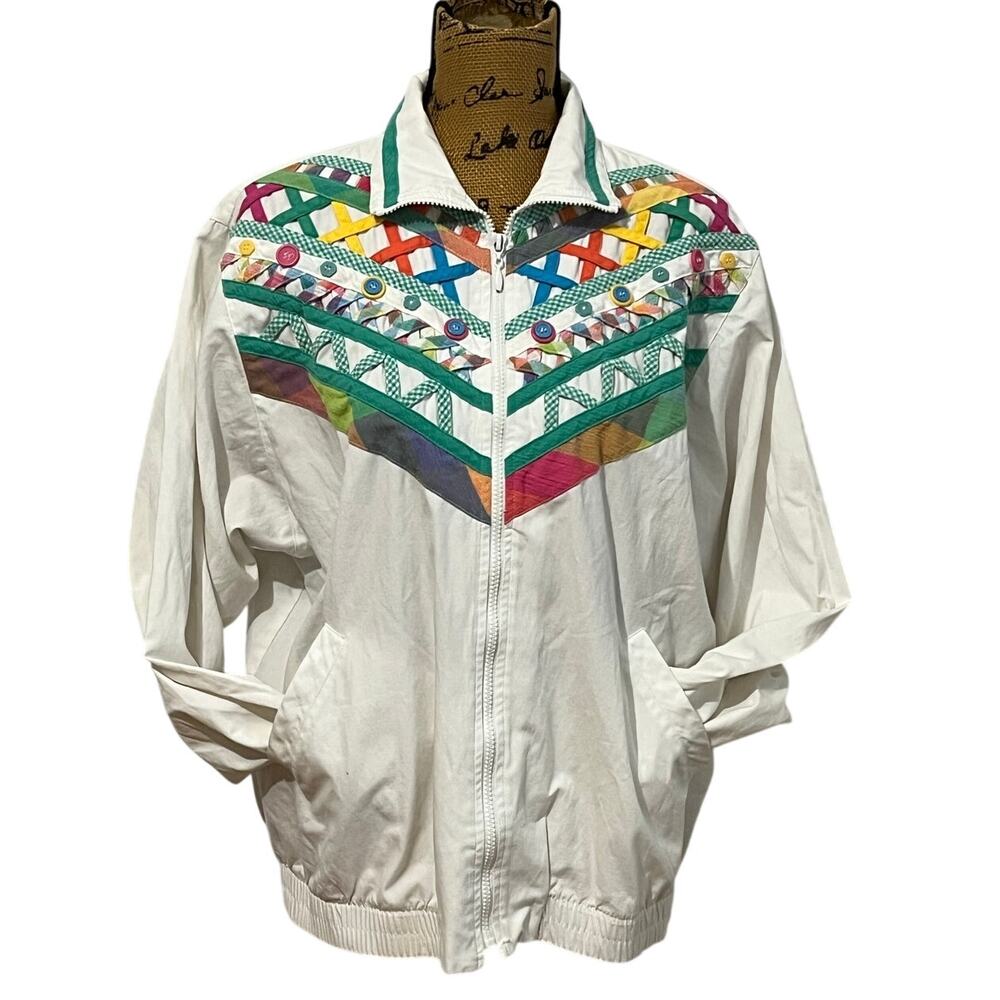 Vintage Koret Francisca White Multicolor Zip Lightweight Jacket Women’s L